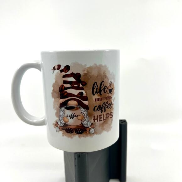 Brown & White Gnome Coffee Cup 'Life Happens..Coffee Helps' Coffee Lover Gift - Picture 6 of 6